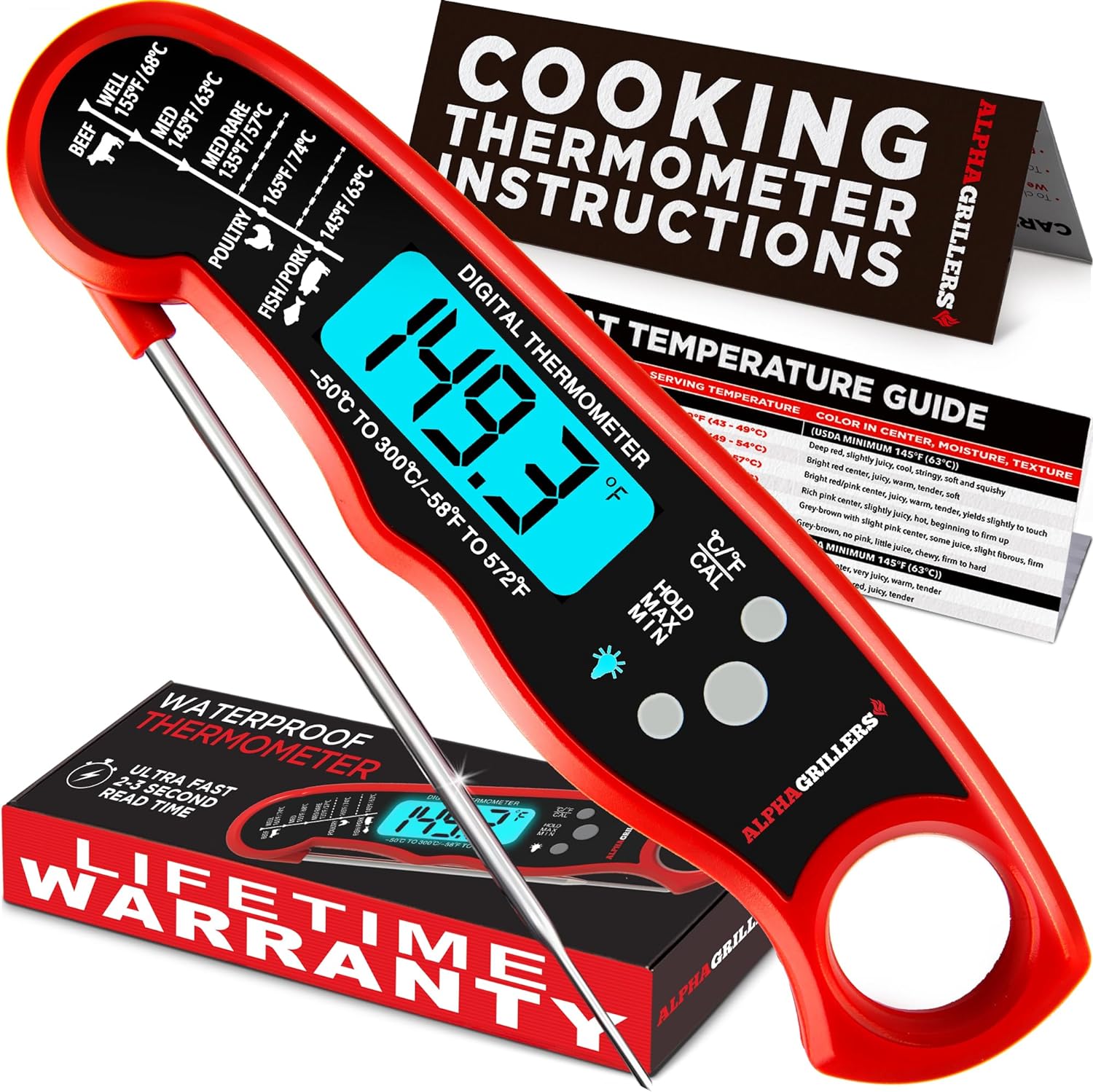 Alpha Grillers Instant Read Meat Thermometer for Grill and Cooking. Best Waterproof Ultra Fast Thermometer with Backlight & Calibration. Digital Food Probe for Kitchen, Outdoor Grilling and BBQ!