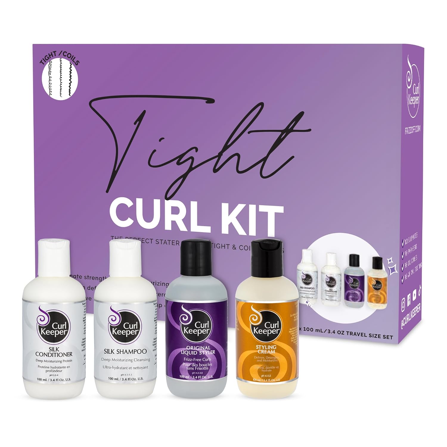 Curl Keeper Tight Curl Starter Kit for Coily Hair - Travel Size Set Includes Original Liquid Styler, Silk Shampoo, Silk Conditioner & Styling Cream - Maximum Definition & Shine with Zero Frizz