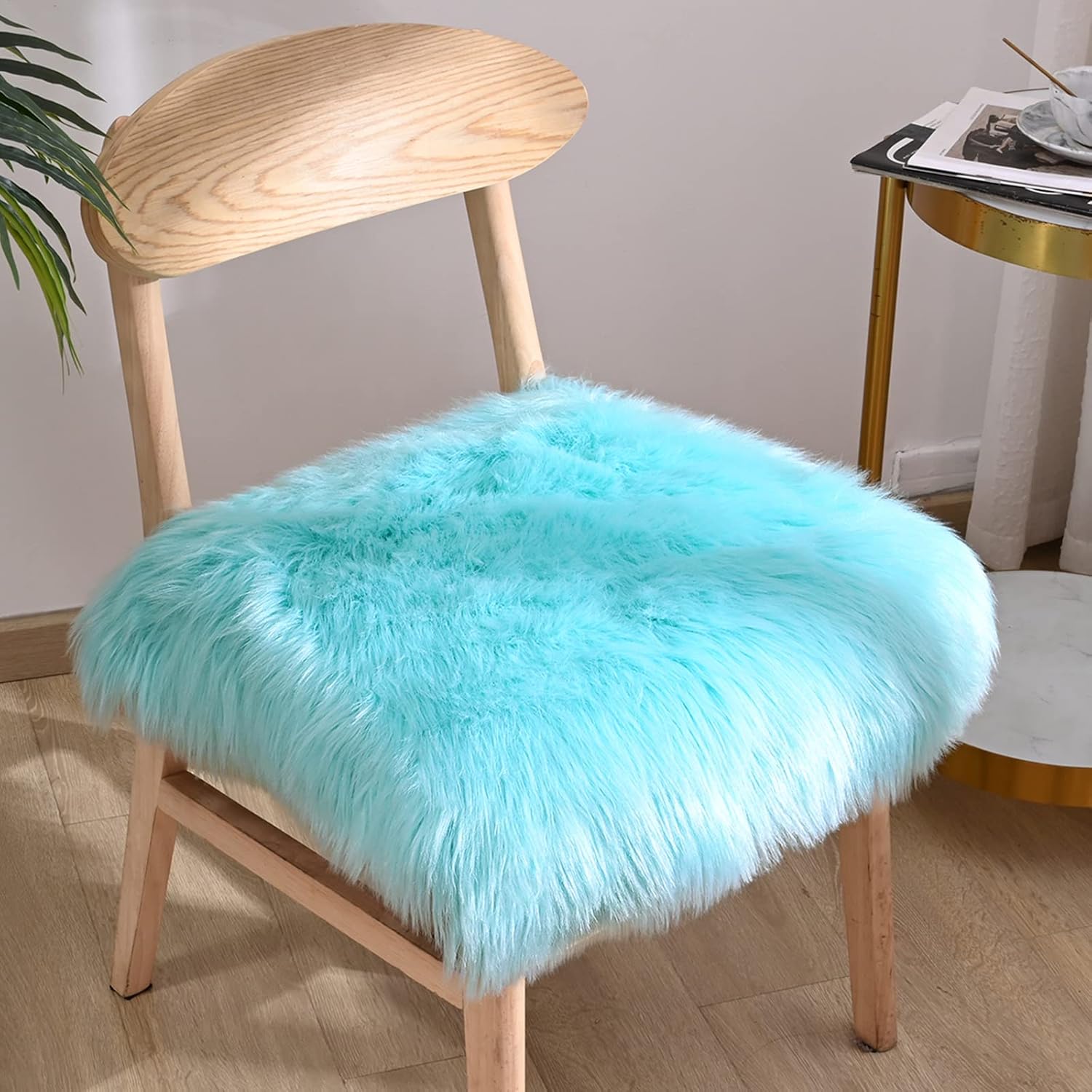 Softlife Blue Faux Fur Sheepskin Chair Cover Seat Cushion Pad Super Soft Area Rugs for Living Bedroom Sofa Dorm (1.6ft x 1.6ft, Light Blue)