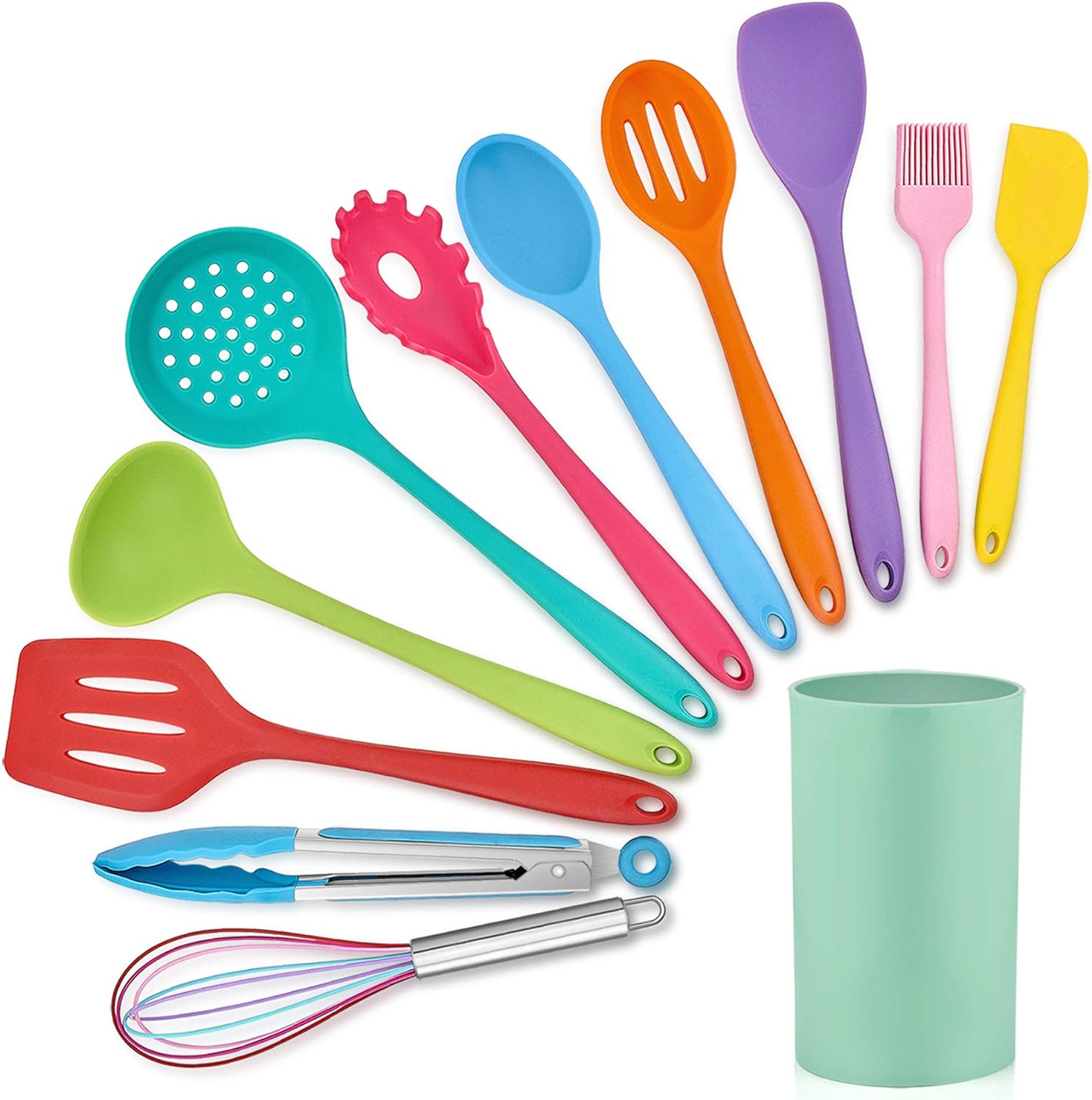 LIANYU 12-Piece Silicone Kitchen Cooking Utensils with Holder, Kitchen Tools Set Include Slotted Spatula Spoon Turner Ladle Tong Whisk, Dishwasher Safe, Multi Colored