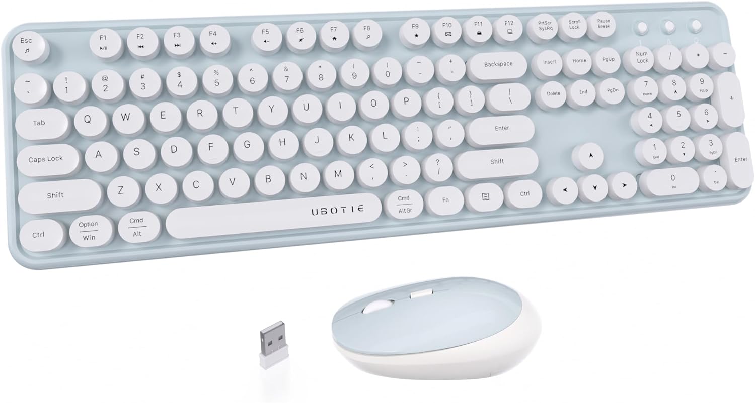 UBOTIE Colorful Computer Wireless Keyboard Mouse Combos, Typewriter Flexible Keys Office Full-Sized Keyboard, 2.4GHz Dropout-Free Connection and Optical Mouse (Green-White)