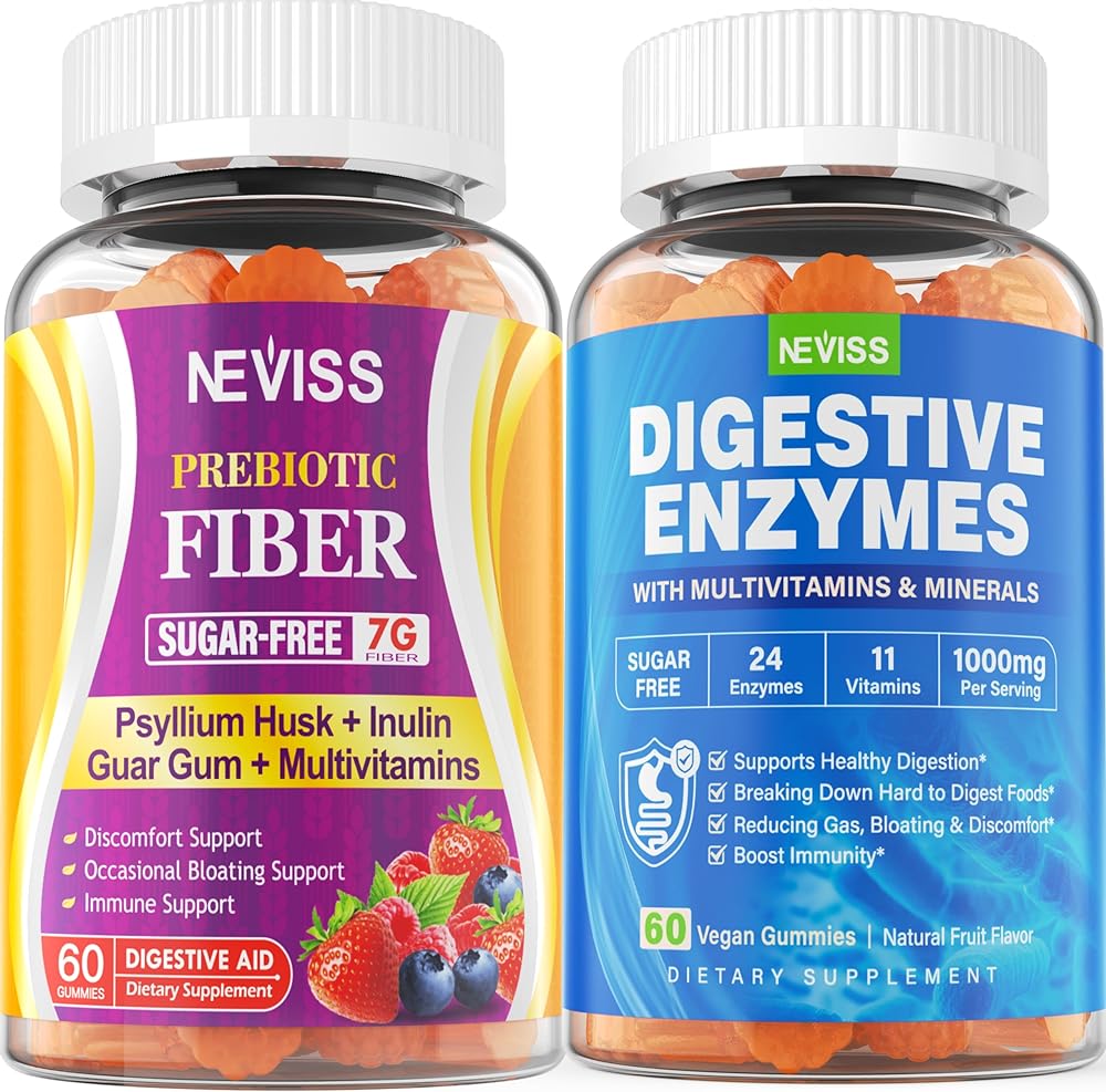 NEVISS Psyllium Husk Prebiotic Fiber Gummies - 7G Fiber with 2000mg Prebiotic Fiber Blend & Multivitamins - Inulin, Fos, Guar Gum & Multi Digestive Enzymes Vitamin Gummies Chewable