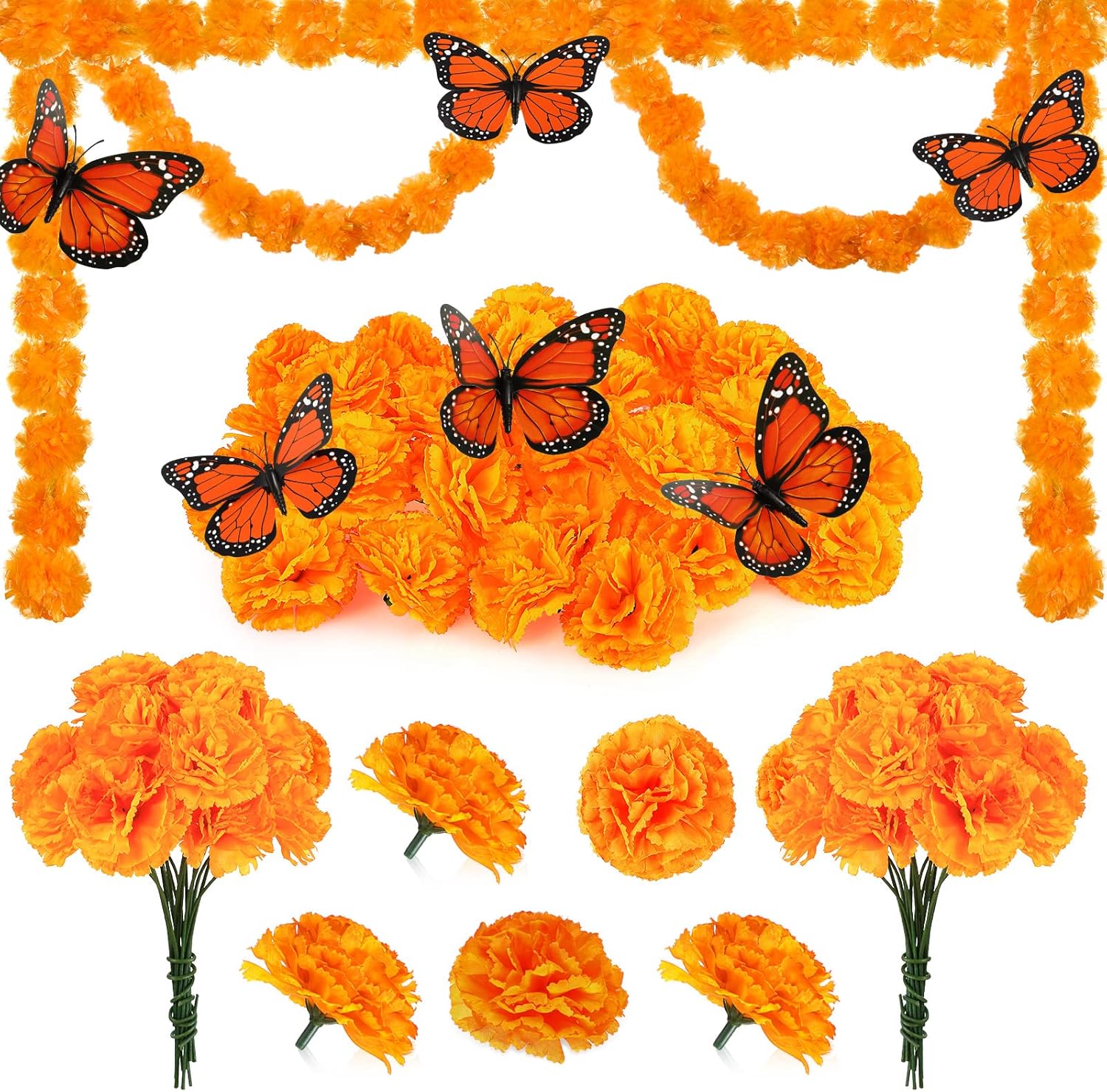 38 Pcs Day of the Dead Decorations Set 2 Pcs Artificial Marigold Garland 30 Pcs Fake Marigold Flowers with Stems 6 Pcs Monarch Butterfly Decoration for Dia De Los Muertos Diwali Decor (Orange)