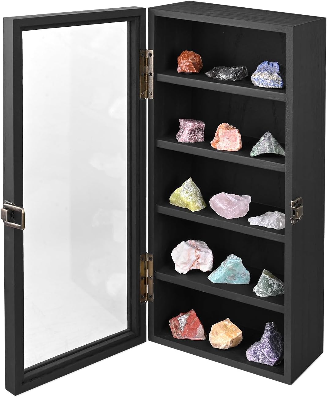 Ikee Design Wall Mounted Wooden Collectible Display Case 5 Shelf Display Storage Accessories Display with Tempered Glass Door, Black Color