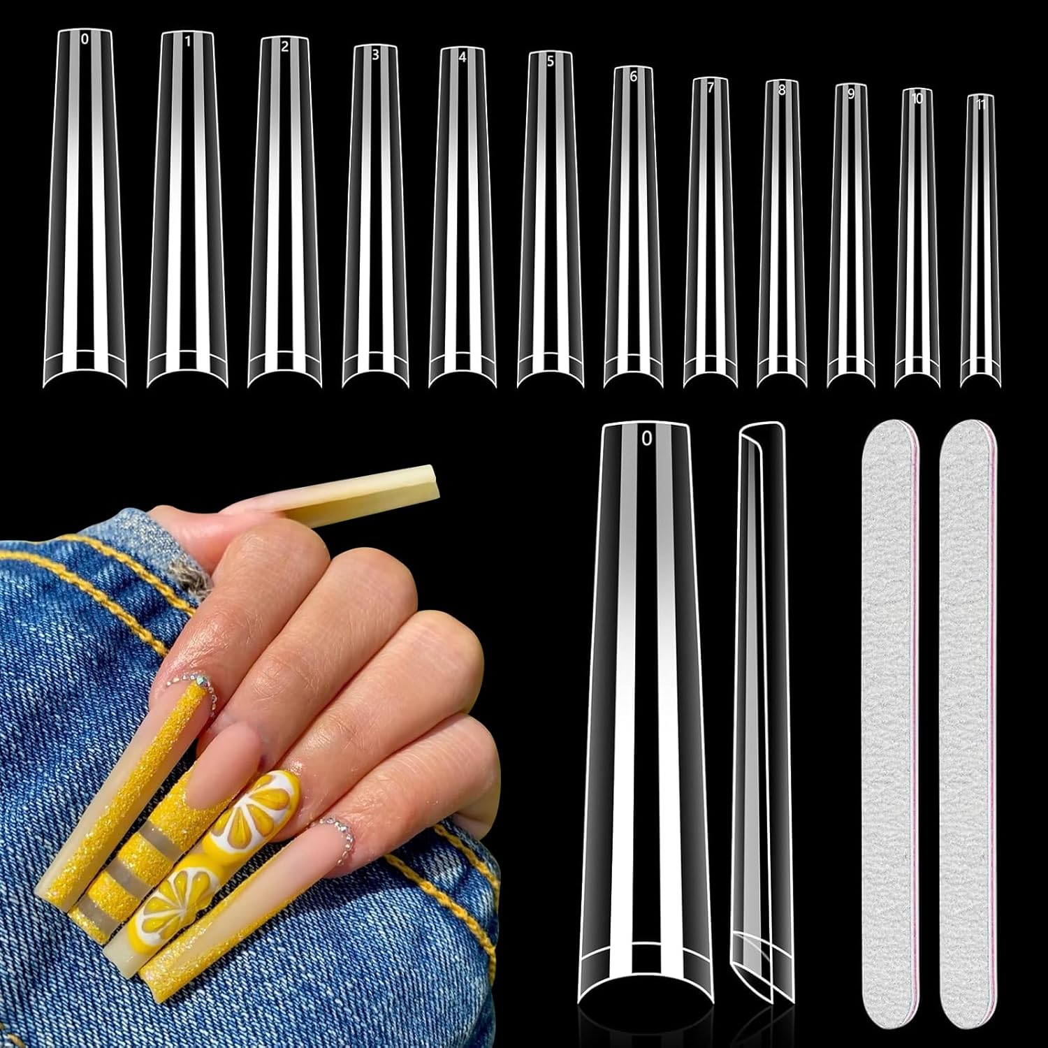 Long Clear Coffin Nails Tips: 504Pcs XXXL Extra Long No C Curve Nail Tips Coffin - Half Cover Gel Acrylic Nail Tips for Women Salons Home DIY with 2 Nail Files