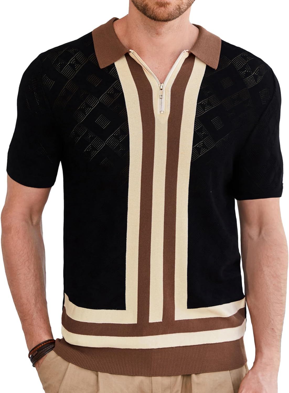 GRACE KARIN Mens Knit Polo Shirts Short Sleeve Vintage Stripe Golf Shirts for Men