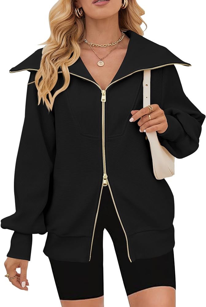 MEROKEETY Women&#39;s 2023 Long Sleeve Zip Up Sweatshirt Lapel Ribbed Y2K Trendy Jacket with Pockets
