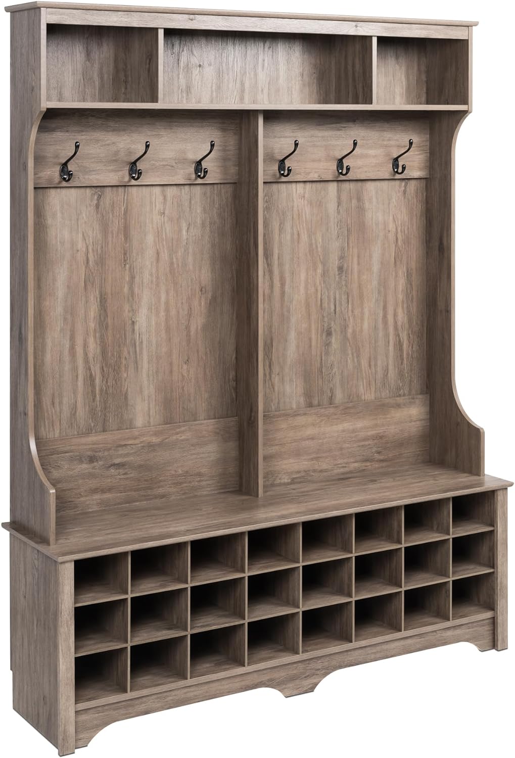 Prepac Drifted Gray Hall Tree with Bench and Shoe Storage, 60W x 77H x 15.5D - 24 Shoe Cubby, Mudroom Bench with Storage and Hooks