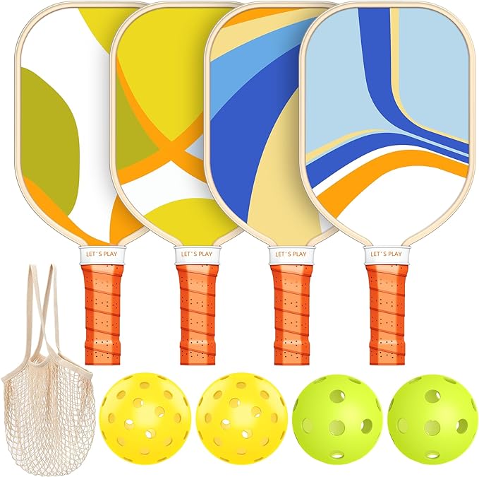 Pickleball Paddles, USAPA Approved Premium Wood Pickleball Set of 4 with 4 Pickleball Balls and 1 Carry Bag Pickleball Rackets with Ergonomic Cushion Grip for Beginner & Pros Gifts for Men Women Youth