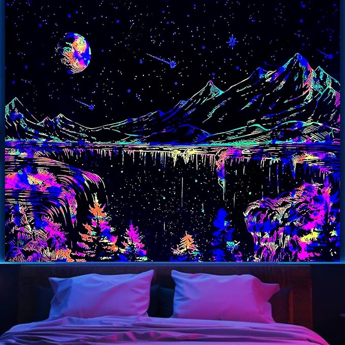 Apdidl Blacklight Mountains Tapestry for Bedroom Aesthetic Space Moon and Stars Starry Night Wall Tapastries Nature Forest Black and White Landscape Backdrop for Living Room Ceiling Decor