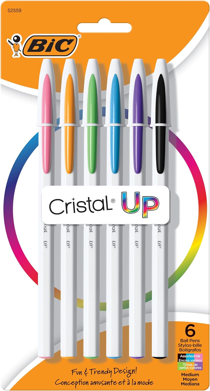 BIC+Cristal+Up+Ballpoint+Pen%2c+Medium+Point+(1.2mm)+Distributes+Ink+Evenly%2c+Assorted+Colors%2c+6-Count
