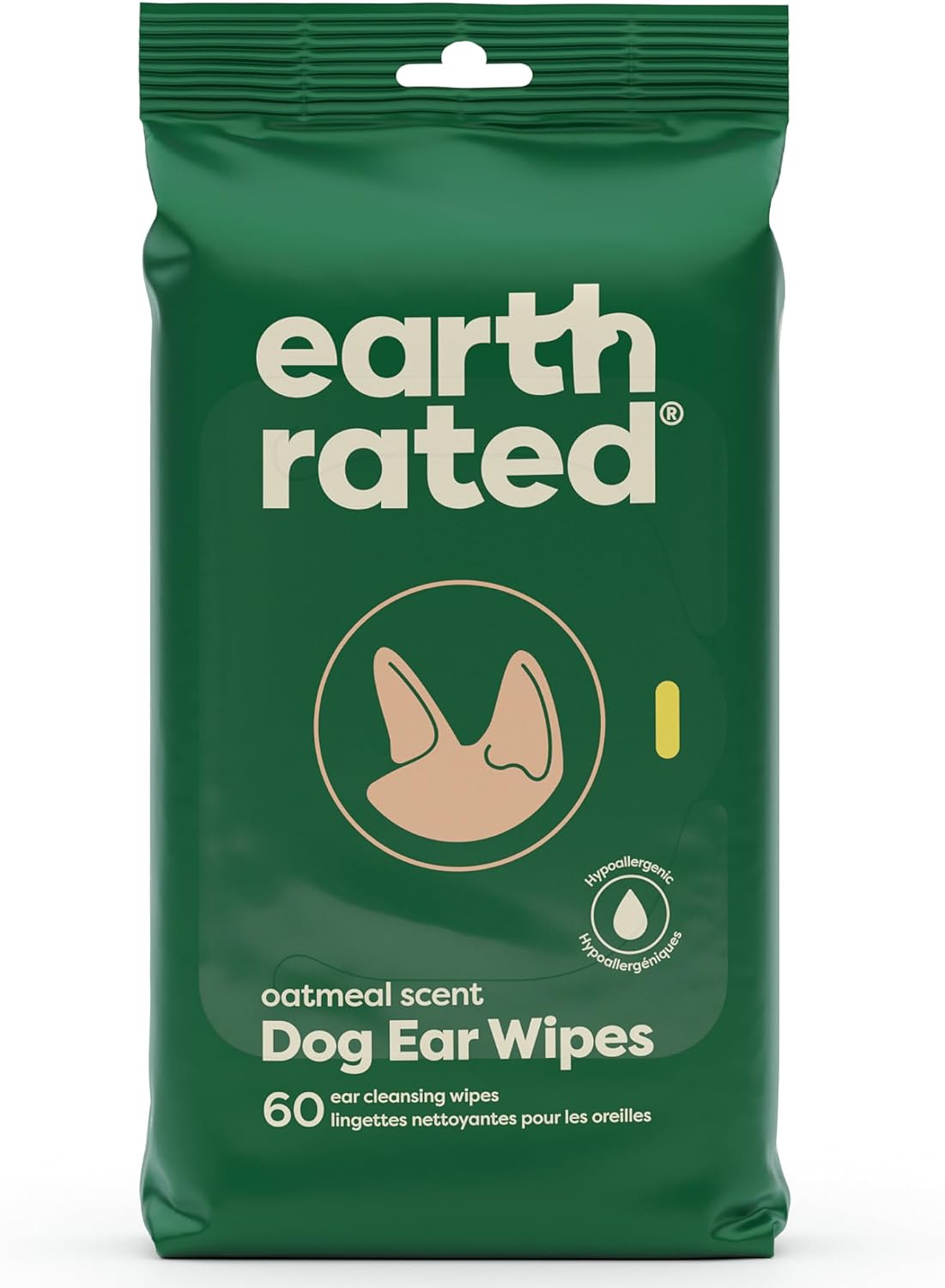 Earth Rated Dog Ear Wipes, Hypoallergenic and Plant Based Ear Wipes for Dogs to Remove Dirt and Wax Build up, Oatmeal Scent, 60 Count