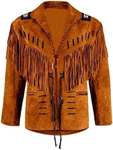 Mens Traditional Western Cowboy Suede Leather Jacket | Classic Native American jacket Coat with Beaded Fringed