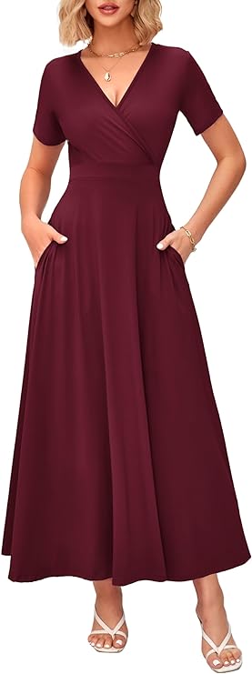 WNEEDU Women' Summer Maxi Dress Short Sleeves Wrap V Neck Long Dresses with Pockets