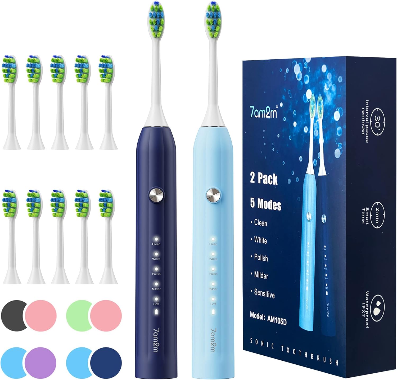 7AM2M Rechargeable Sonic Electric Toothbrush 2 Pack, Soft Toothbrushes for Adults and Kids with 12 Brush Heads, IPX7 One Charge Use for 60 Days, 5 Modes with 2 Minutes Build in Smart Timer