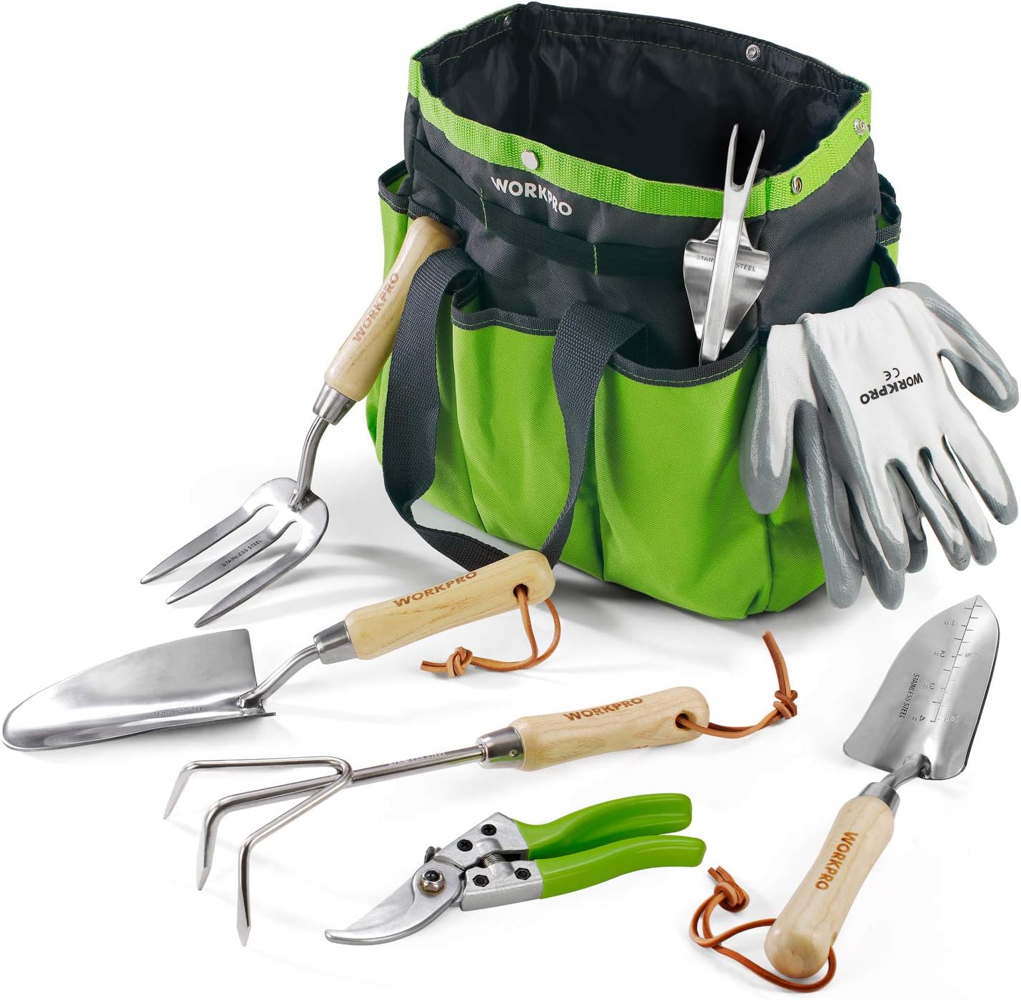 WORKPRO Garden Tools Set, 7 Piece, Stainless Steel Heavy Duty Gardening Tools with Wooden Handle, Including Garden Tote, Gloves, Trowel, Hand Weeder, Cultivator and More-Gardening Gifts For Women Men