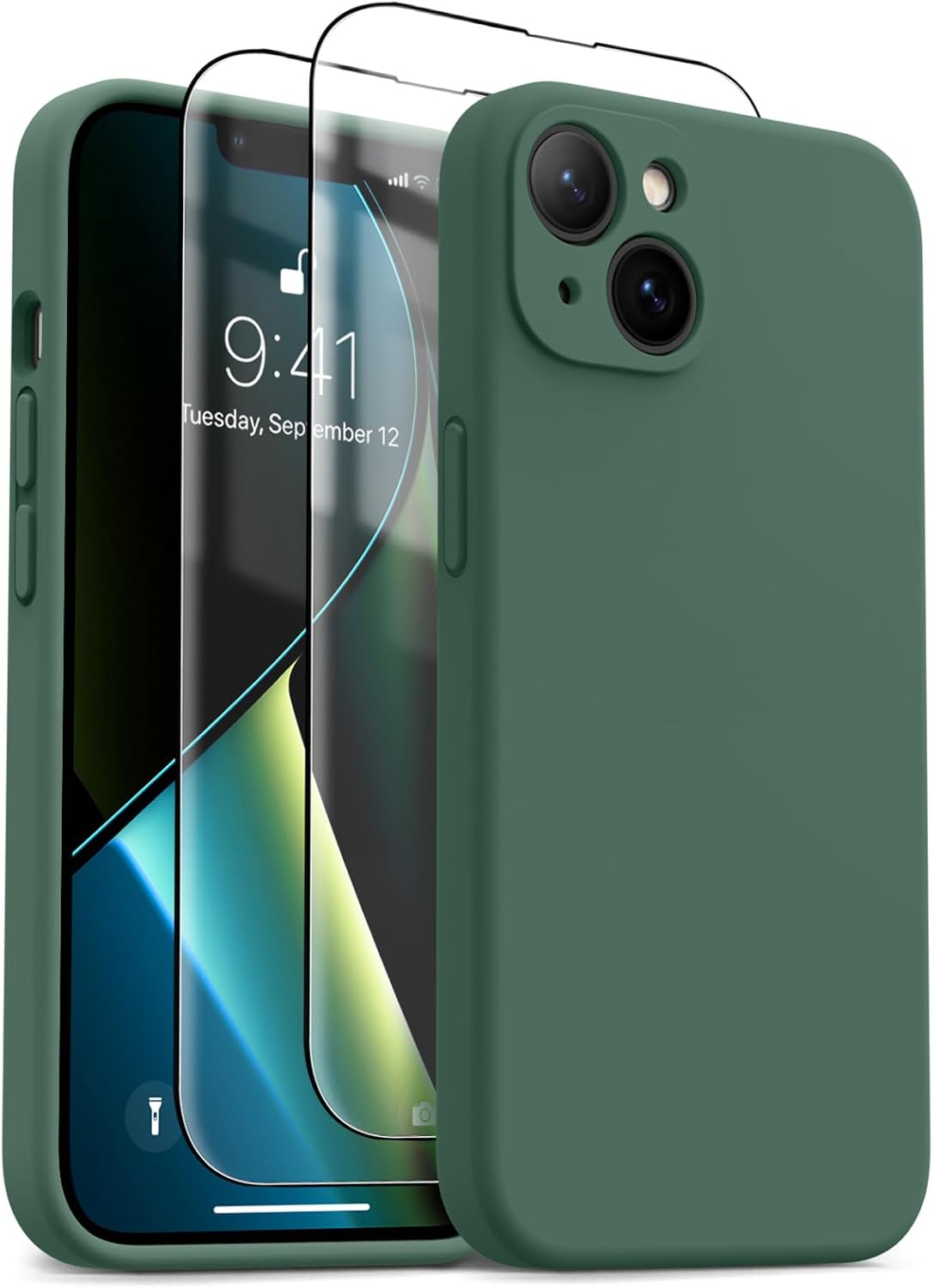 OTOFLY for iPhone 14 Case, Upgraded Silicone 14 Phone Case [2 Pack Screen Protectors][Camera Protection] Shockproof Women Men Girl Protective Case Cover for iPhone 14 6.1 - Alpine Green