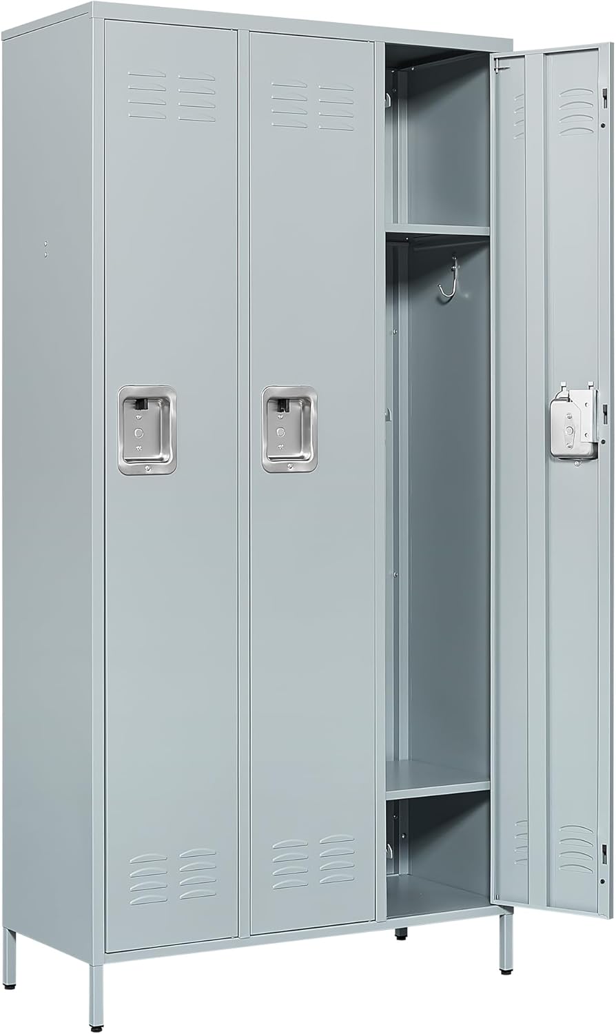 Metal Locker with 3 Doors Employees Locker, Metal Storage Locker with Hooks, 71 Storage Cabinet Lockers for Employees, Home, Office, Gym Requires Assembly (3 Doors, Grey)