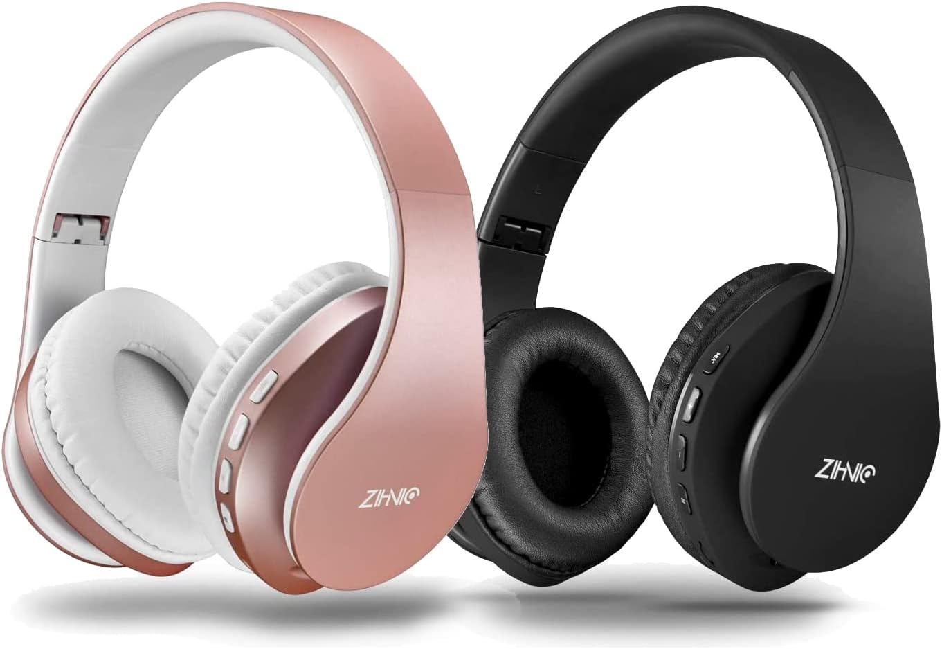 ZIHNIC 2 Items,1 Rose Gold Over-Ear Wireless Headset Bundle with 1 Black Foldable Wireless Headset