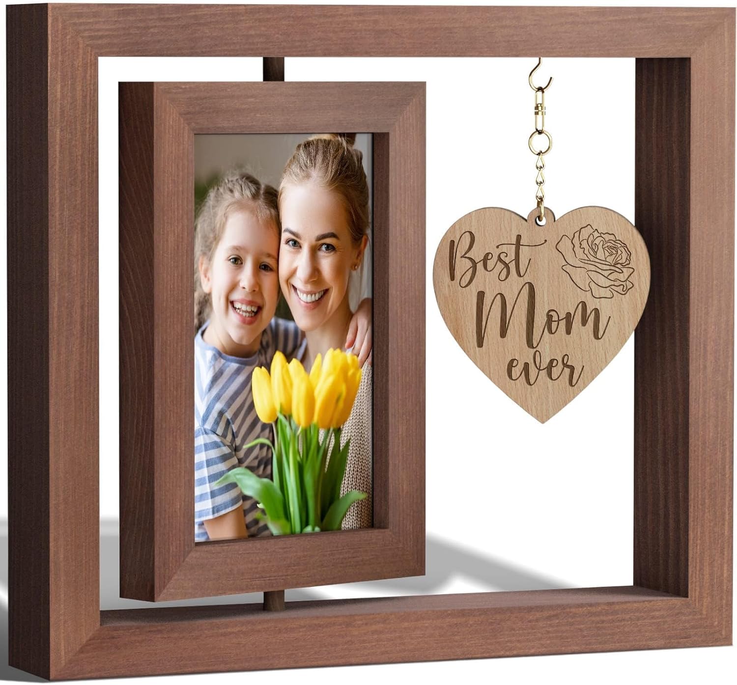 Mom Gifts Valentines Day Gifts for Mom From Daughter Son, Mother Picture Frame Double-Sided Display 4x6 Photo with Warm Heart Pendant for Mom Mother-In-Law, Mom Birthday Gifts Tabletop Picture Frame