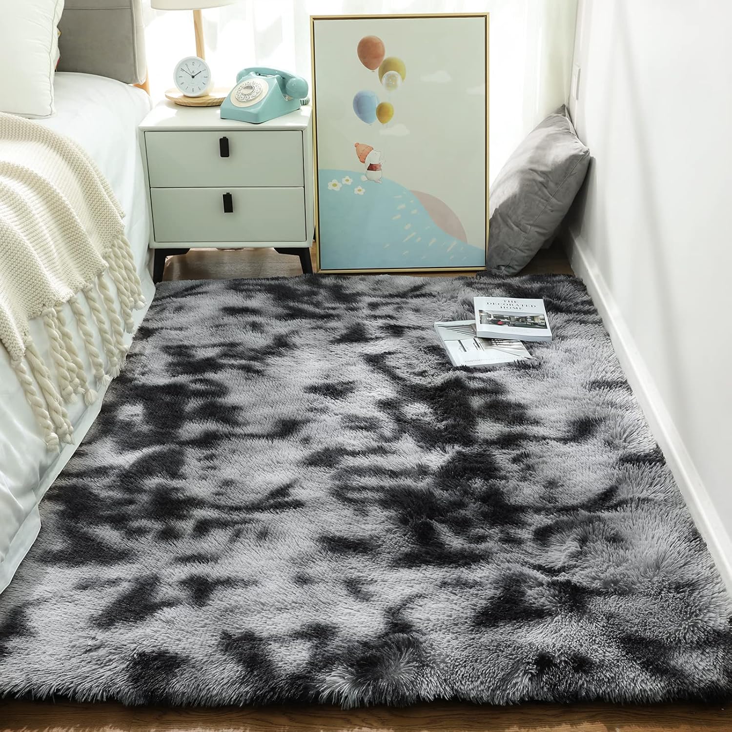 Ophanie Tie-Dyed Black&Grey Area Rugs for Bedroom Living Room, Fluffy Shag Fuzzy Carpet, Plush Shaggy Rug, 4x6 Indoor Carpet for Kids Boys Dorm Home Decor Aesthetic, Nursery