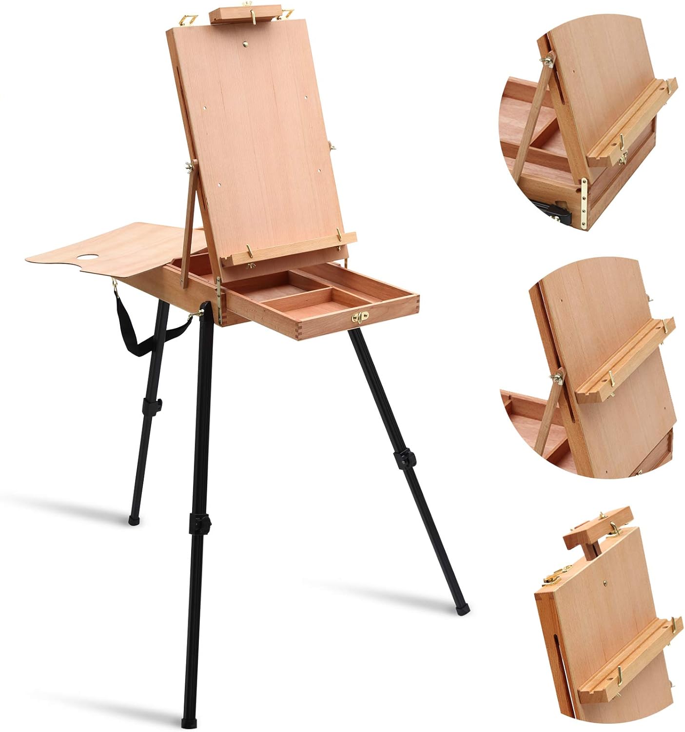 Falling in Art Light Weight French Style Field and Sketchebox Easel with Aluminum Tripod, Adjustable Beechwood Tripod Standing Easel with Drawer, Palette