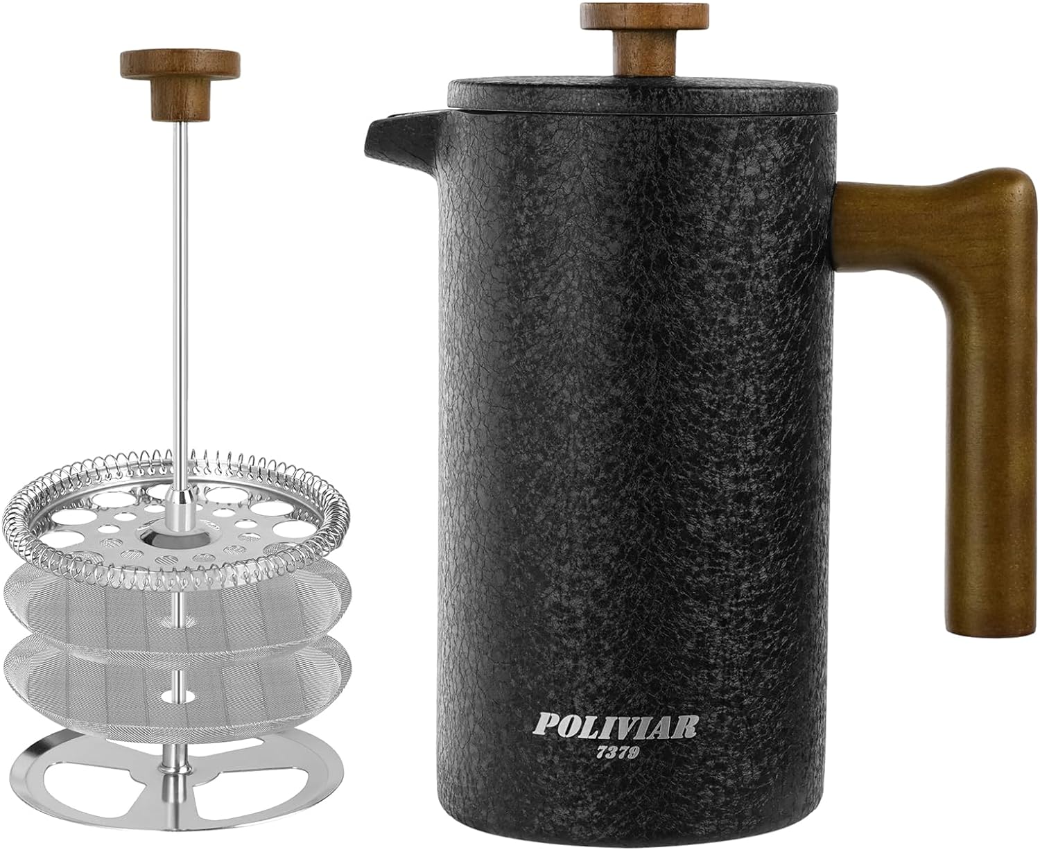 POLIVIAR French Press Coffee Maker, 34 oz Coffee Press with Real Wood Handle, Double Wall Insulation & Dual-Filter Screen, Food Grade Stainless Steel for Good Coffee and Tea JX2023-FPLB