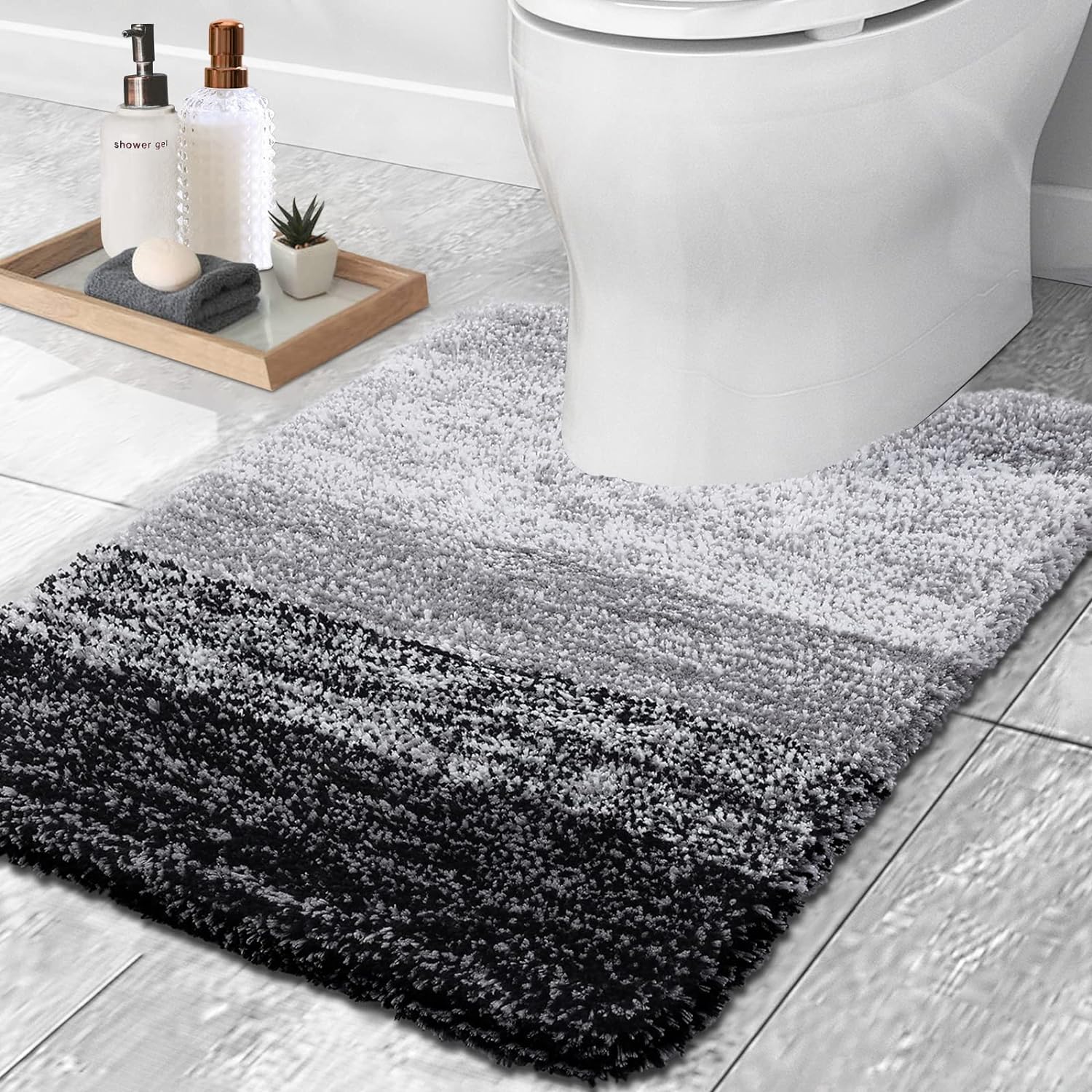 OLANLY Luxury Toilet Rugs U-Shaped 24x20, Extra Soft and Absorbent Microfiber Bathroom Rugs, Non-Slip Plush Shaggy Toilet Bath Mat, Machine Wash Dry, Contour Bath Rugs for Toilet Base, Black