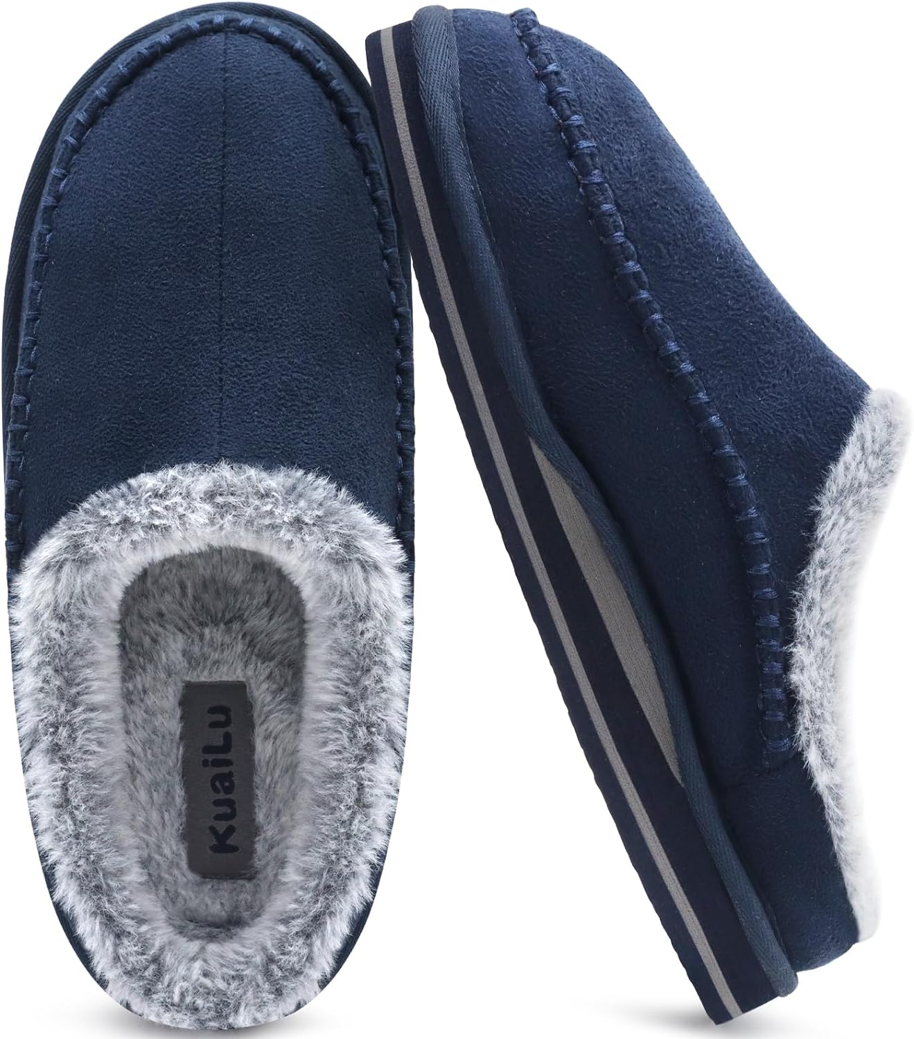 KuaiLu Mens Memory Foam Clog Slippers Comfy Handmade Stitch Microsuede Slip-on House Shoes With Arch Support Warm Faux Fur Lined Rubber Sole Indoor Outdoor