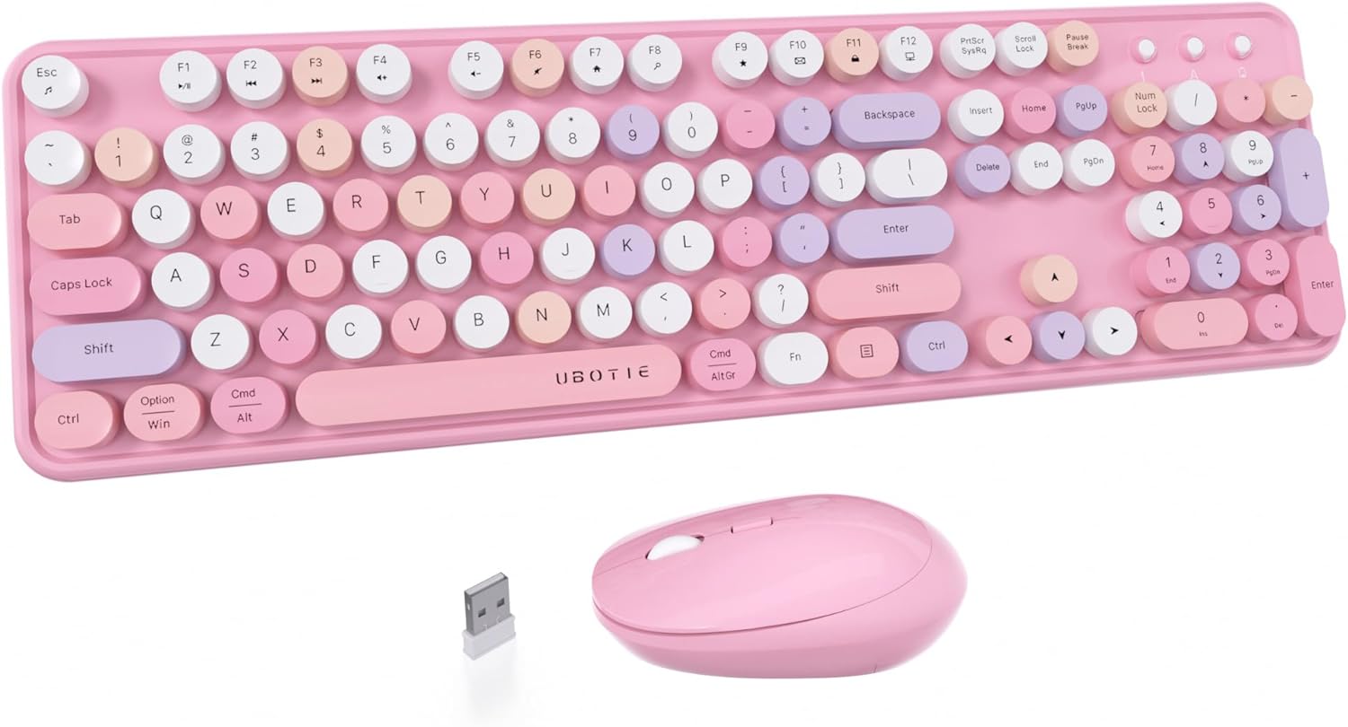 UBOTIE Colorful Computer Wireless Keyboard Mice Combo, Retro Typewriter Flexible Keys Office Full-Sized Keyboard, 2.4GHz Dropout-Free Connection and Optical Mouse (Pink-Colorful)