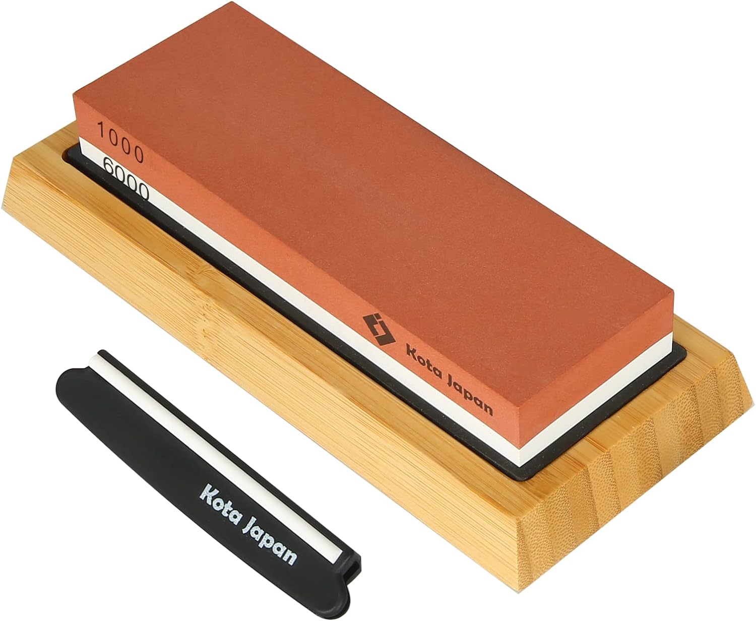 1000-grit Coarse Side and 6000-grit Polishing Side Knife Sharpening Whetstone with Bamboo Base and Blade Guide