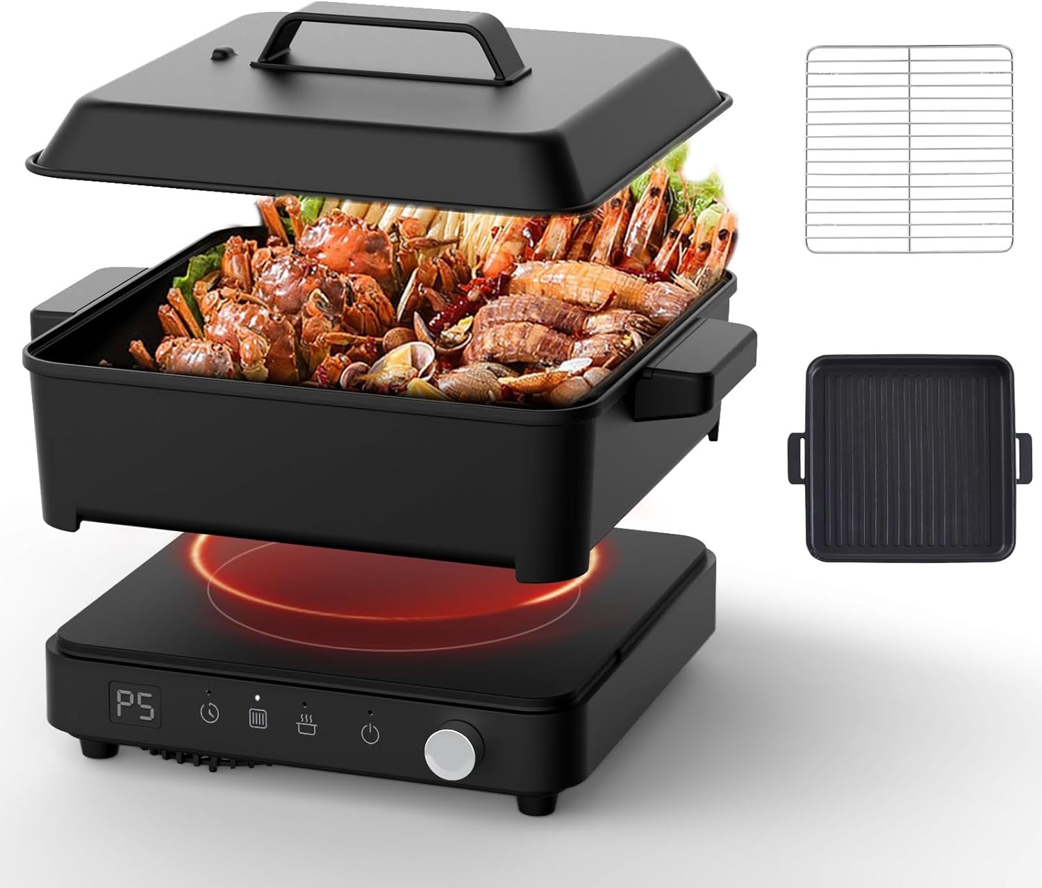 Portable Induction Cooktop with Removable Iron Cast Griddle Pan & Pot Non-stick, 1500W induction hot plate with Digital Temperature Control & Time, Great for Family Party