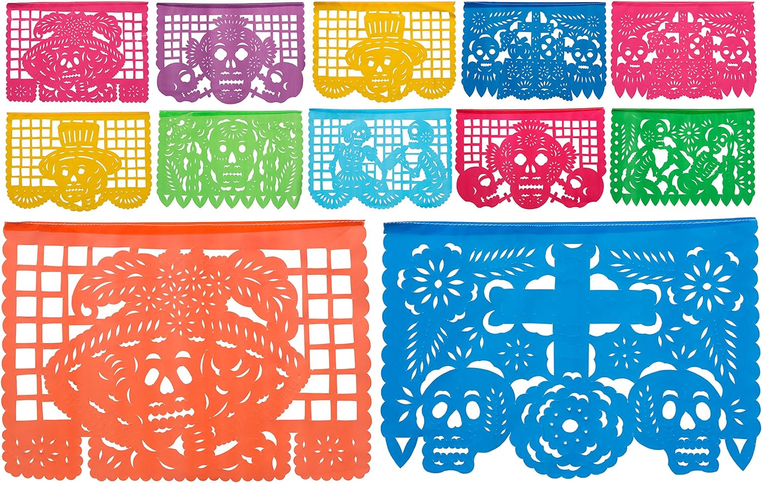 Day of the Dead Medium Plastic Papel Picado Banner, Dia De Los Muertos, 12 Medium Multi Color Plastic Panels, 15 Ft Long Hanging