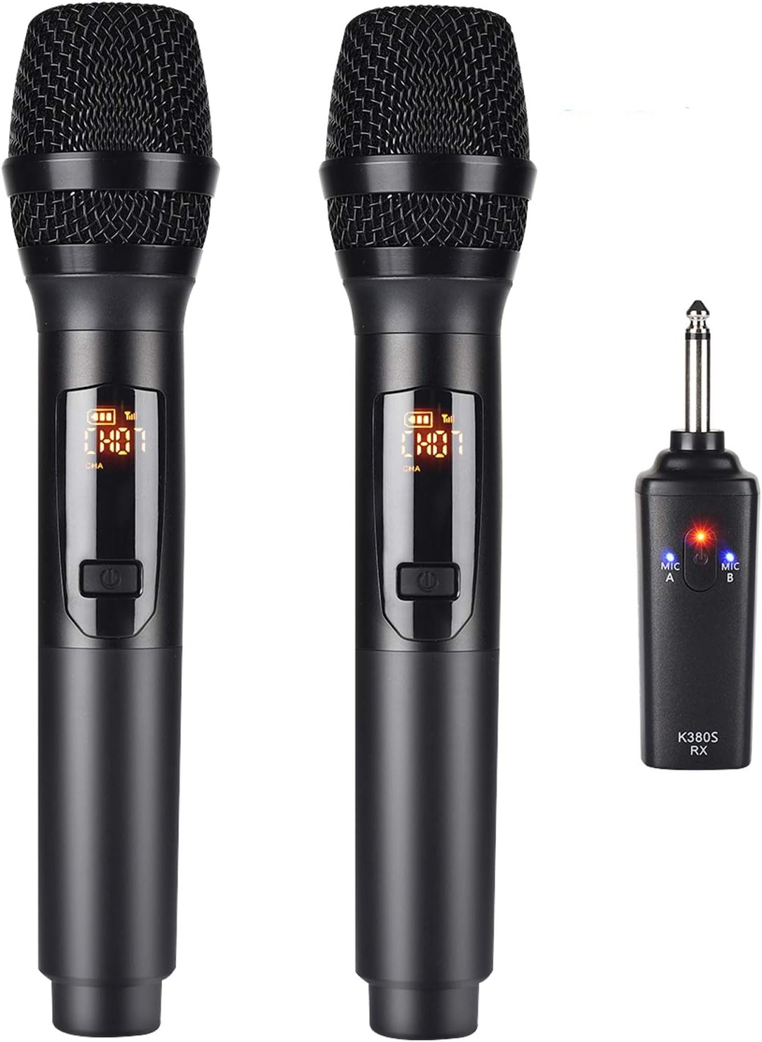 K380S UHF Rechargeable Wireless Microphone Karaoke Mic Dual with Receiver System Set - Professional Handheld Dynamic Cordless Microphone for Singing Karaoke Speech Church