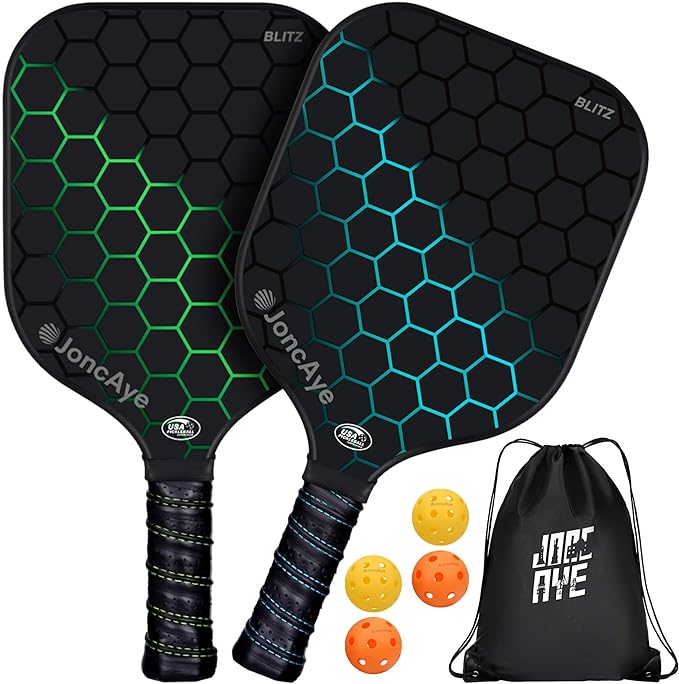 JoncAye Pickleball-Paddles-Set of 4 Rackets and Balls w/case, Grip Tapes | USAPA Approved Pickle-Ball Equipment w/Accessories | Fiberglass Pickleball Racquet Set for Men, Women, Kids, Adults