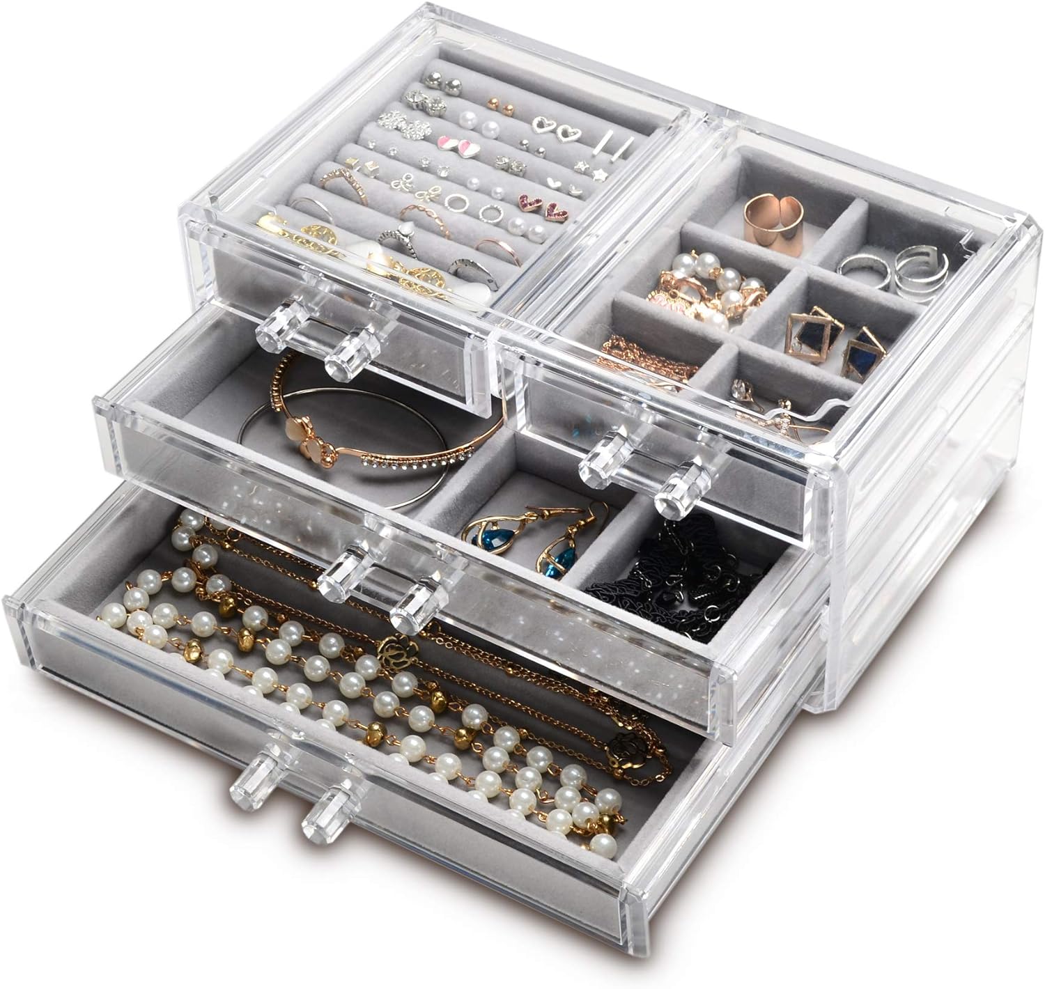 Frebeauty Acrylic Jewelry Box 4 Drawers,Clear Jewelry Organizer Velvet Rings Necklaces Earring Bracelets Display Case Stand Holder Tray for Women Girls (Gray)