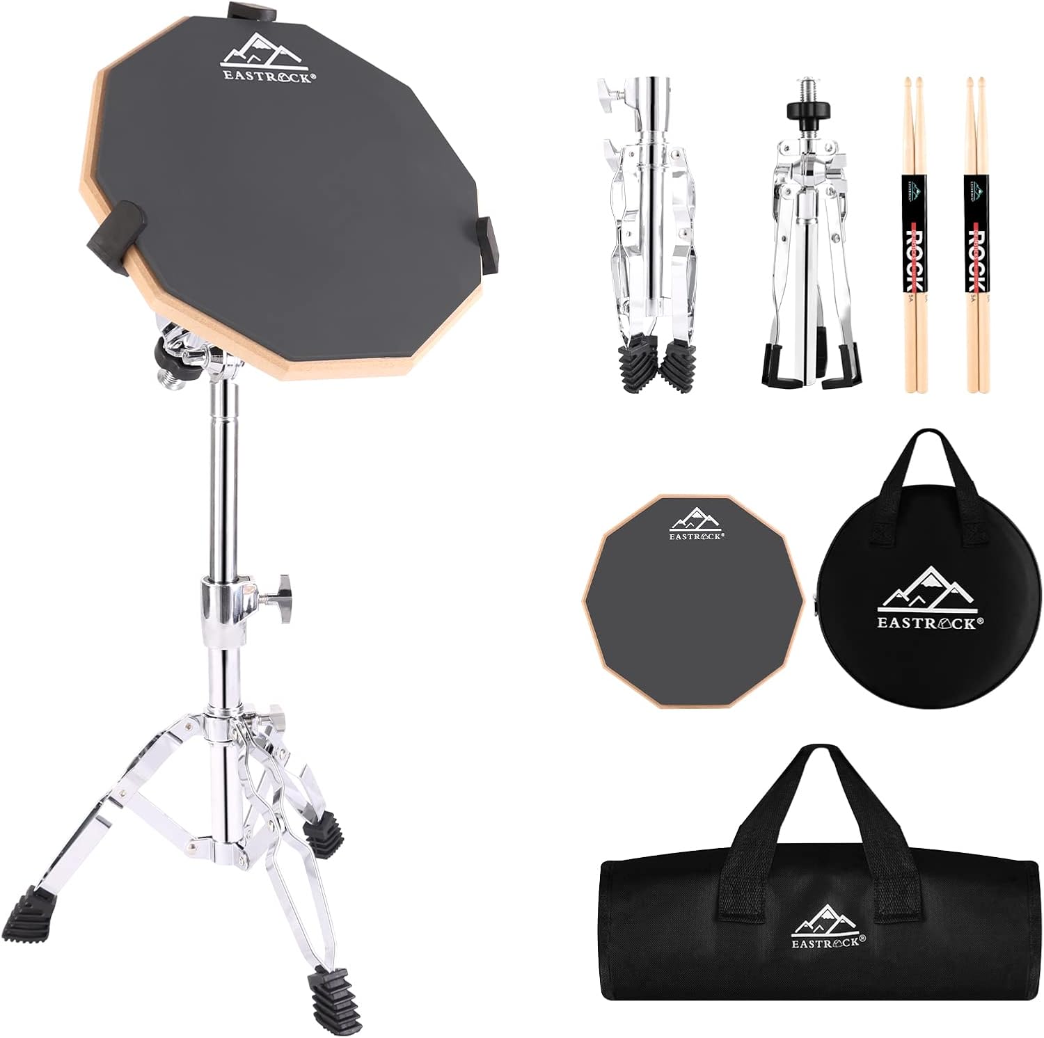 EASTROCK Practice Drum Pad Stand Bundles, 12 Inches Double Sided Silent Silicone Drum Pad, Silicone Dumb Drum with Drum Stand, 2*Drumsticks and Storage Bag for Beginners,gray