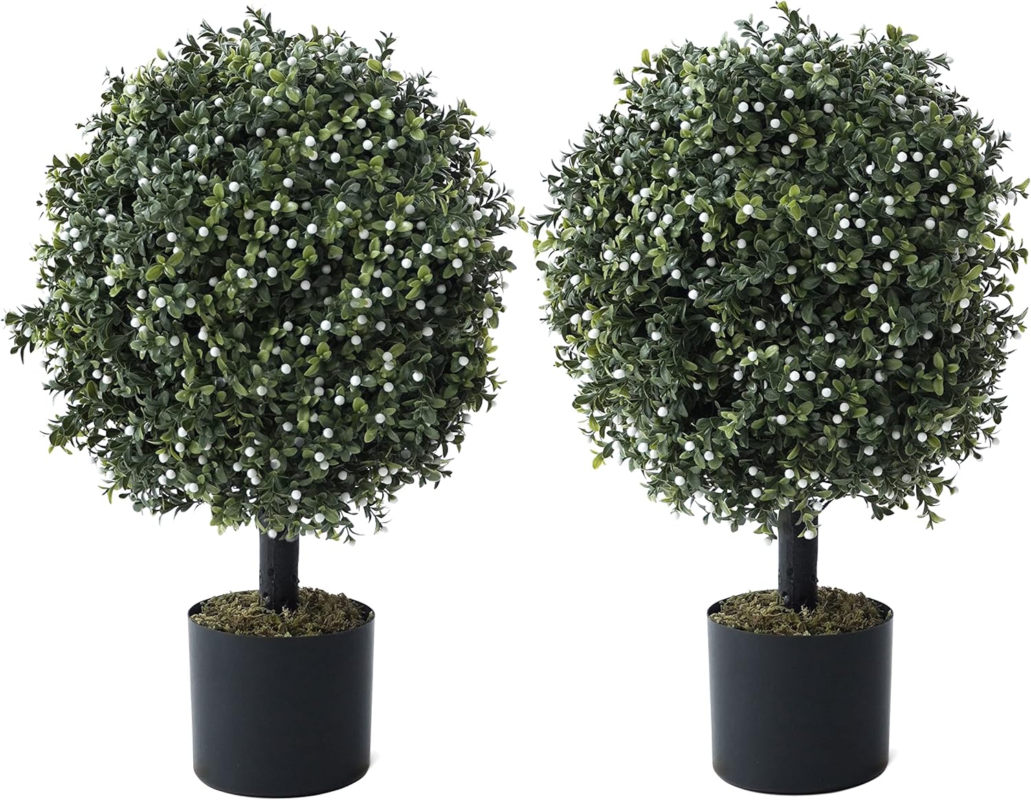 CAPHAUS Artificial Boxwood Topiary Ball Tree Set of 2, Artificial UV Resistant Bushes, Faux Potted Tree, Plant in Pot w/Dried Moss, Fake Shrubs for Indoor, Front Porch, Outdoor, w/White Flower