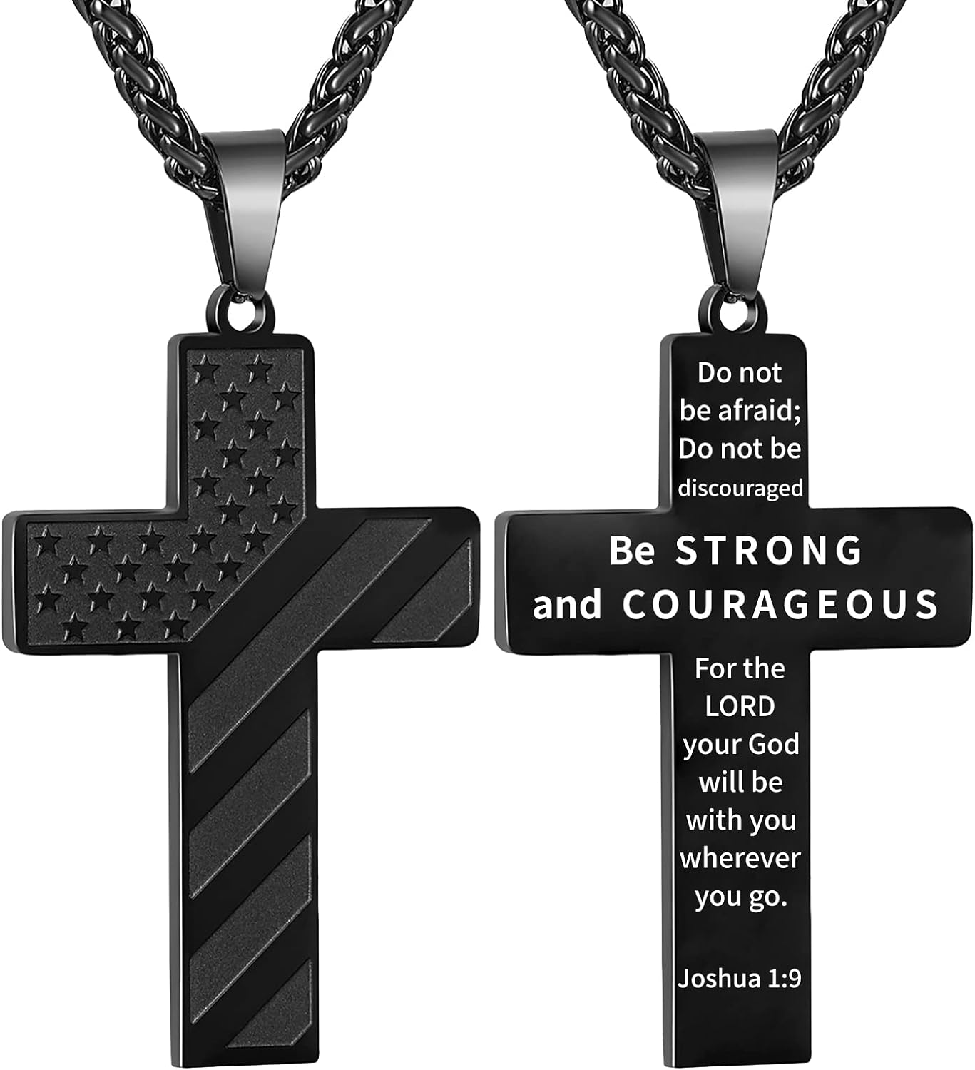 DuoDiner 18+2 Inch Cross Necklace Bible Verse Stainless Steel American Flag Pendant Chain for Men Jewelry Gift