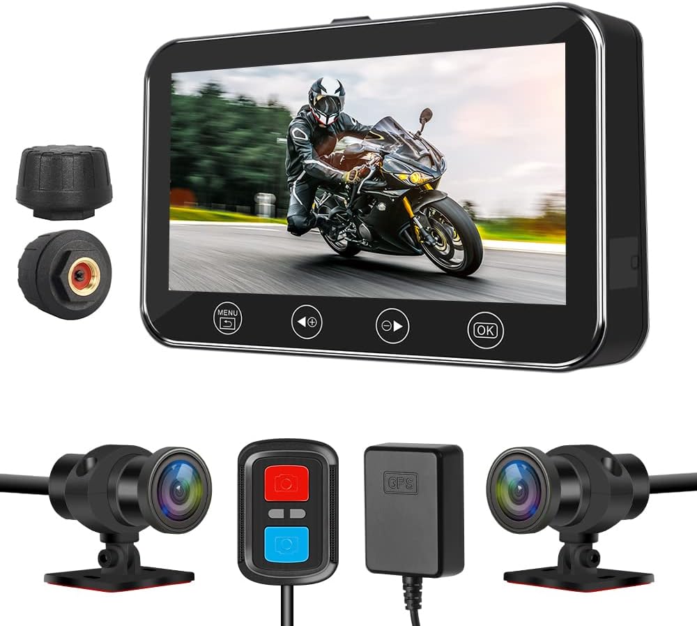 VSYSTO 4.5'' Screen WiFi Motorcycle Dash Cam, Tire Pressure Sensors, GPS Full Body Waterproof WDR HD 1080P SNOYIMX307 Front and Rear Camera 150 Wide Angle Fish Eye Lens