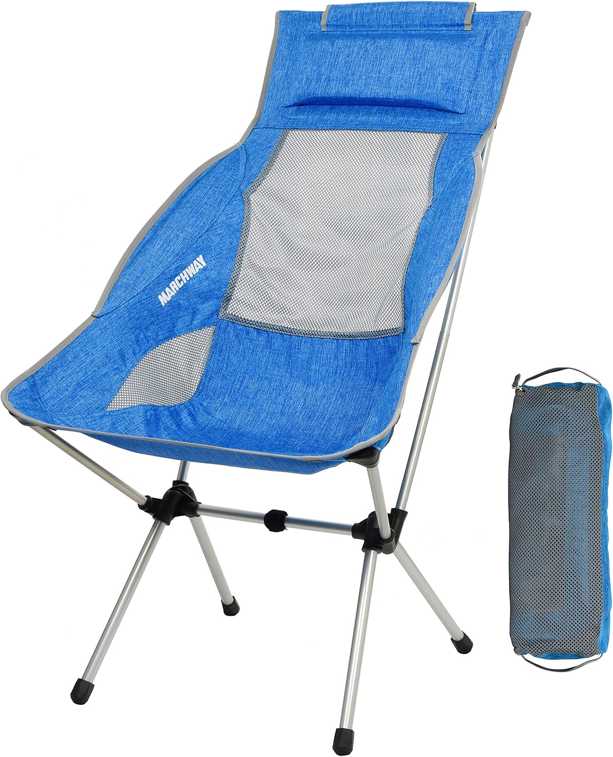 MARCHWAY Lightweight Folding High Back Camping Chair with Headrest, Portable Compact for Outdoor Camp, Travel, Picnic, Festival, Hiking, Backpacking (Highback Blue)