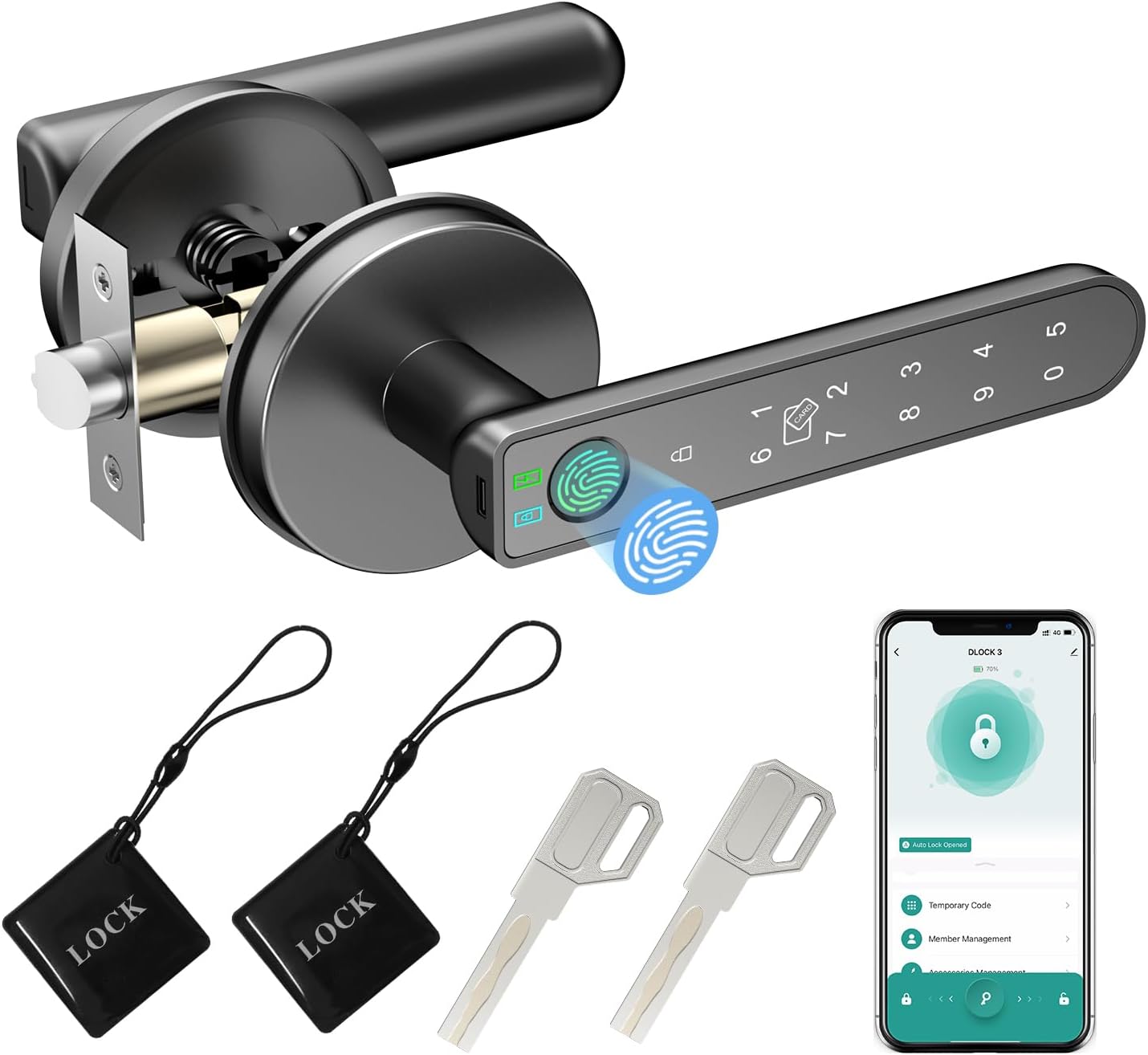 Fingerprint Door Lock, 5 in 1 Smart Door Knob with Smart APP/Fingerprint/IC Cards/Password/Backup Keys, Fingerprint Door Knob with Keypad for Bedroom, Office, Apartment, Black, 1 Pack