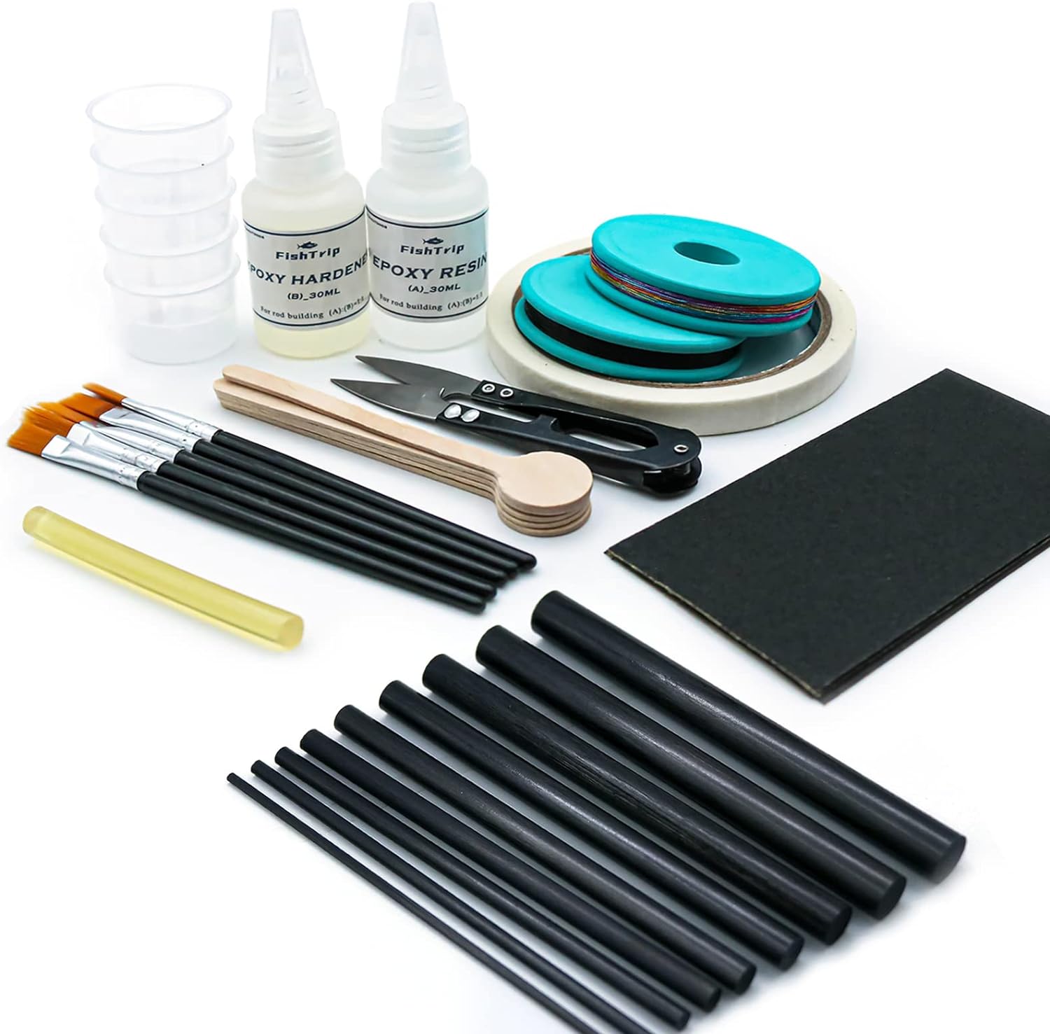 Fishing Rod Repair Kit Complete with Epoxy,10pcs Carbon Fiber Sticks Pole Building Kit, AB Glue, Wrapping Thread for Saltwater Freshwater Spinning Casting Rod