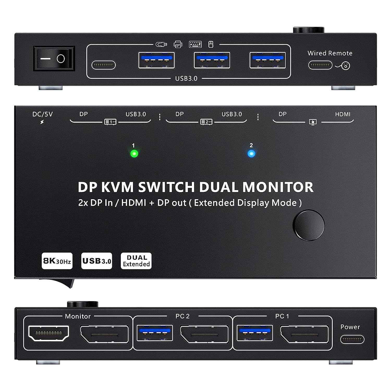 DP KVM Switch Dual Monitor, MST SST 2 in 2 Out Displayport KVM Switcher Support Extend and Mirror Modes, HDMI and DP Monitor Output for 2 Computers Share 2 Monitors, Upgraded Version