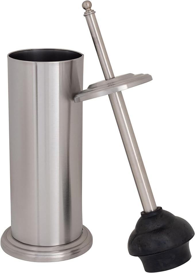 Bath Bliss Cylinder Free Standing Toilet Plunger & Holder, Water & Rust Resistant, Decorative, Stainless Steel