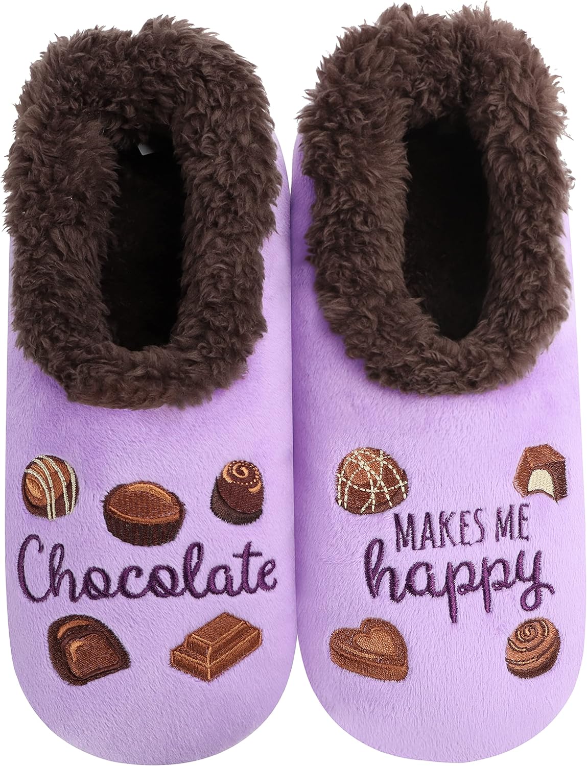 Snoozies Pairable Slipper Socks - Funny House Slippers for Women, Non-Slip Fuzzy Slipper Socks - Chocolate Makes Me Happy