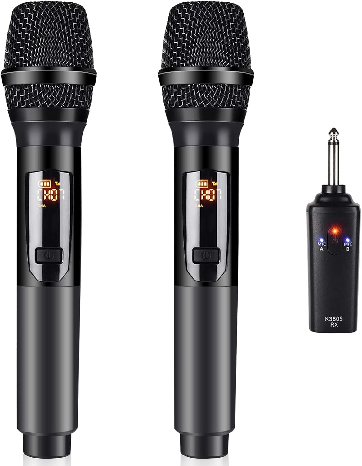 Wireless Microphone, K380S Dual Cordless Metal Dynamic Mic System with Rechargeable Receiver, for Karaoke Singing, Wedding, Party, Speech, Church, Meeting