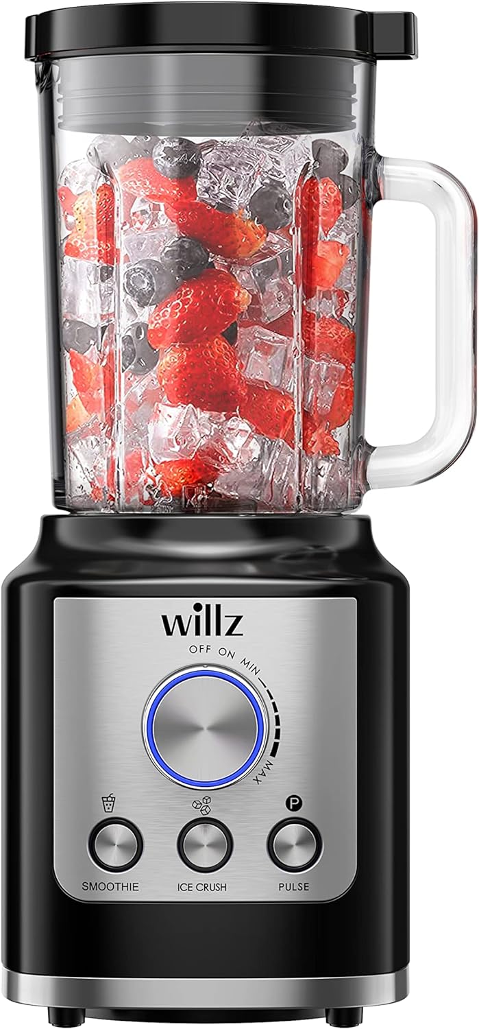 Willz High Speed Kitchen Countertop Blender for Juices, Shakes, Smoothies - Ice Crush & Pulse Functions, 60oz, Black