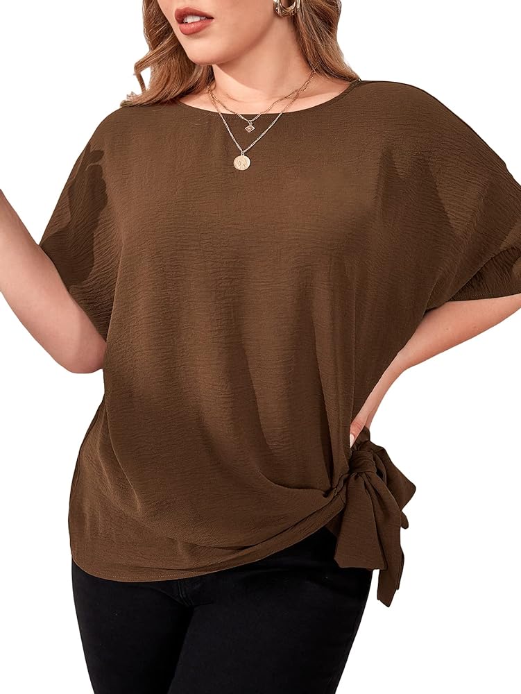 SOLY HUX Plus Size Blouses for Women Casual Summer Tops Tie Side Half Sleeve Dressy T Shirts