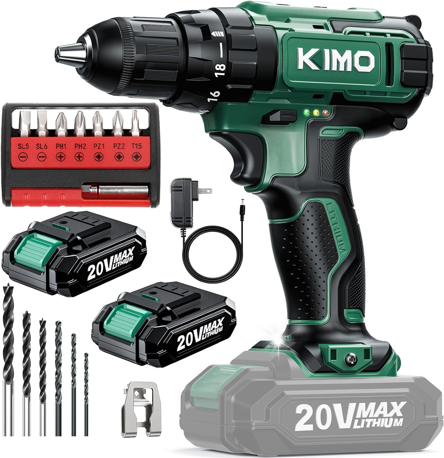 KIMO Drill - 20V Cordless Drill Set w/2 X Batteries and Charger, 3/8 Keyless Chuck, Max 350 In-lb Torque, 1350 RPM, 18+2 Clutch, 18pcs Accessories, Power Drill for Drilling Wood Bricks Walls Metal